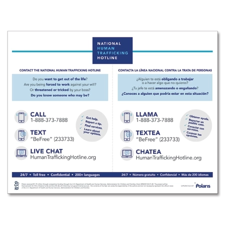 National Human Trafficking Hotline - Bi-lingual - Celtec Material