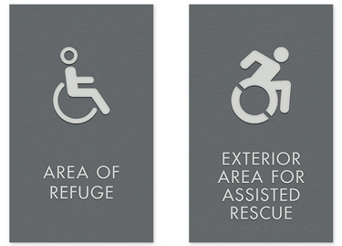 Examples of area of refuge signs with braille